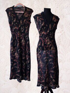 Suzanne Grae Vintage Sheer Black and Floral Print Fitted Dress Classic Office